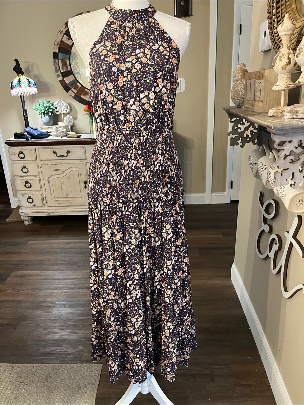 Lost + Wander Navy Floral Halter Maxi Dress with Peach Accents